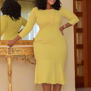 Women Elegant Office Ladies Dress Plus Size African Fashion Solid Classy Modest Female Vestidos Robes Yellow Orange Elastic Nwe 210416