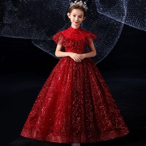 Cheap Blush Red Bling Flower Girls Dresses Long Sleeves for Weddings Lace Appliques Ball Gown Birthday Girl Communion Pageant Gowns