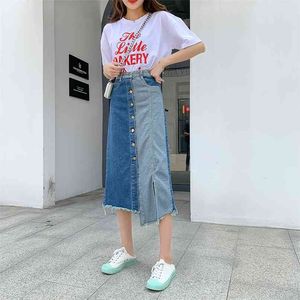 Jeans Skirts Vintage Ripped Sexy Split Knee Length Summer Denim Irregular Stitching Slit Mid Fashion 210601