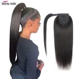 Ishow inch Body Wave Human Hair Extensions Wefts Pony Tail Yaki Straight Afro Kinky Curly Ponytail for Women All Ages Natural Color Black Brazilian Peruvian