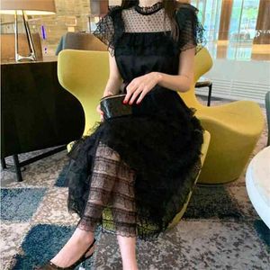Fashion Designer Dress Summer Women's Stand Collar Mesh Short Sleeve lace-up Ball Gown Elegant Black es 210603