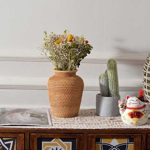 秋のラタン織り花瓶の花瓶ファッションテーブルテーブルトップ装飾植物植木鉢210623