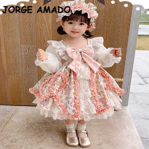 Lolita Style Spring Kids Girls Dress Pink Lace Bow Manica lunga con copricapo Abiti da principessa Abbigliamento per bambini E2269 210610