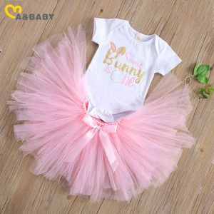 0-24M Easter born Infant Baby Girl Clothes Set Short Sleeve Bunny Rompers Lace Tutu Bow Skirts Outfits Clothing 210515