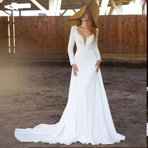 Simple White Wedding Dress A Line Satin Long Sleeves V Neck Bridal Gowns Backless Outdoor Bohemian Country Sexy Bride Dresses Marriage