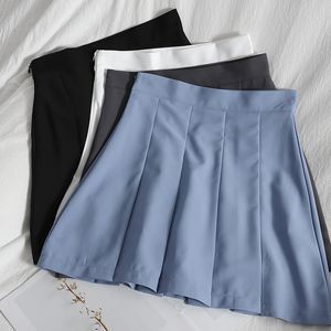 Корейский стиль колледжа плиссированная сплошная повседневная юбка Летний бедро для женщин высокая талия A-Line Mini Trend Женская одежда 210420