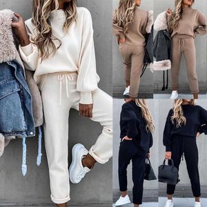 Tracksuit Women Autumn Winter Solid Color Clothing Set Fashion Turtleneck Warm Sweatshirt and Lace-up Pants Two Piece Set D30 Y0625