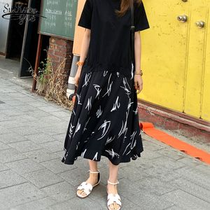 秋の女性プラスサイズXL-5XL女性長袖Tシャツドレスパッチワークプリントローブ偽2枚13346 210427