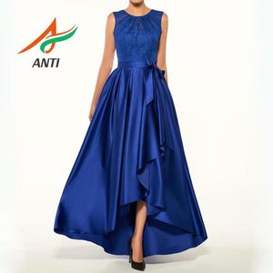 Party Dresses ANTI Elegant Woman Satin Royal Blue Long Evening Dress O-Neck Sleeveless A-Line Formal Gowns With Abendkleider 2021