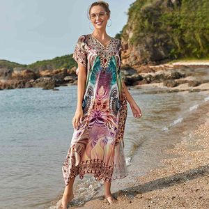 Bohemian Kadınlar Yaz Plaj Elbise Yüzmek Giyim Kapak Up Polyester Tunik Seksi V Yaka Robe Kaftan Bikini Kapak-UPS Pareo Q1185 210420