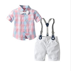 Set di abbigliamento per neonati stile gentiluomo Camicia scozzese a maniche corte per bambini estivi con papillon + pantaloncini a bretella Set da 2 pezzi Completo per bambini Completo da ragazzo 1-7 anni