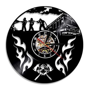 Firefighter Vinyl Record Wall Clock Modern Design Fire Fighting Home Decor Quartz Needle Watch For Fire Dept Firemen Gift X0705