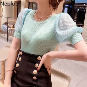 NEPLOE Cienkie dzianiny Koszulki Damskie Lato Solid O Neck Puff Krótki Rękaw Kobiecy Koszula Topy Luźne Wszystkie Dopasuj Podstawowe Tees Femme 210422