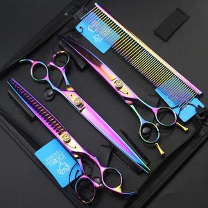 Joewell 8.0 polegadas Arco-íris Corte de Cabelo / Denas Tesouras Kit com Caso de Couro Profissional Pet Cabeleire Shear Set