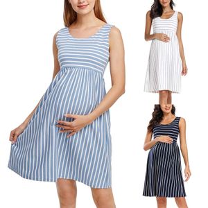 Gravid Kvinnor Klänning O-Neck Stripe Ärmlös Amning Maternity Kläder Graviditet Nursing Dresses Q0713