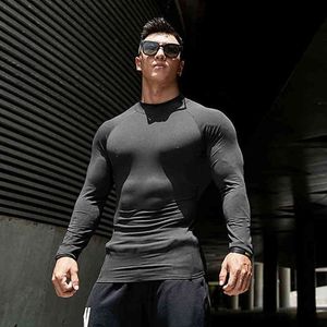 Running Shirt Men Compression Tops Tees Long Sleeve Hight Collar Sportswear Quick Dry Elasticity Tight Bodybuilding Gym Clothing 210421