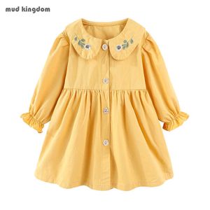 Mudkingdom Toddler Girls Dresses Button Front Floral Peter Pan Collar Girl Spring Dress Cute Ruffle Long Sleeve Kids Clothes 210615