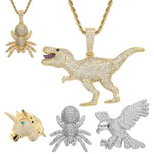 18K Gold Animal Colares Jewelry Conjunto de cobre Diamante de diamante Zircônia cúbica Owl Spider Unicorn Shark Dinosaur Pingente Hip Hop Colares