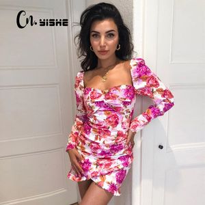 CNYISHE FALL Långärmad blommigryck Ruched Ruffle Dress Women Party Söt Outfits Kvinna Streetwear Boho Mini Dresses Vestidos 210419