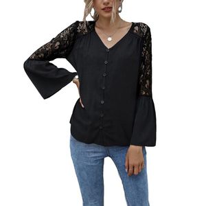 Kadın T-Shirt Kayotuas Kadın Çiçek Dantel Dikiş Piller Uzun Kollu V Yastık Siyah Ofis Bayanlar Vintage Retro Moda Şık Hırka