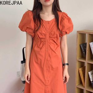 Korejpaa Kadınlar Elbise Kore Chic Yaz Retro Plise Tasarım Turuncu Tek Göğüslü Kare Yaka Kabarcık Kol Uzun Vestido 210526