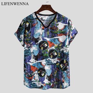 Lniana T Shirt Mężczyźni Lato Moda Drukuj Krótki Rękaw T Shirts Mężczyźni Casual Mens Hawaje Beach Koszulka Plus Size V Neck Top Tees 5XL 210528