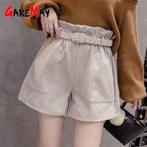 Pantaloncini di cotone a vita alta autunno inverno con cintura Stivali caldi spessi di lana da donna stile coreano a gamba larga 210428