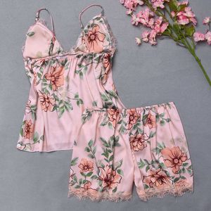 Pijamas Sleep Set Mulheres Nightwear V-Neck Floral Lace Sleepwear Sexy Nightie Bathrobe Wear Home Suit Negligee Primavera Verão Q0706