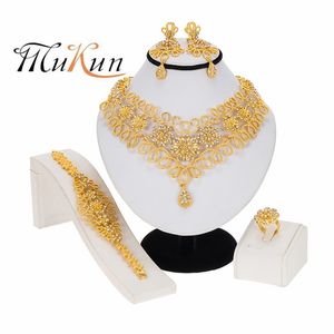 Dubai women gold color jewelry sets African wedding bridal ornament gifts for S Arab Necklace Bracelet earrings ring set 210720