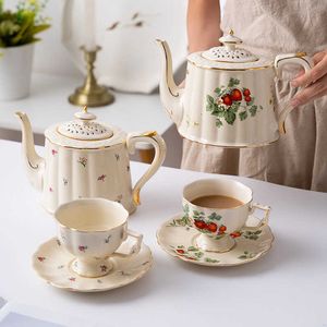 800ml White Gold Teapot Bone China Coffee Saucer Set 220ml Ceramic Mug Porcelain Tea Cup Flower Kettle Cafe Party Drinkware