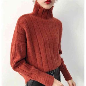 Women Sweaters Winter Turtleneck Warm Pull Jumpers Striped Knitted Tops Long Sleve Basic Linning 210430