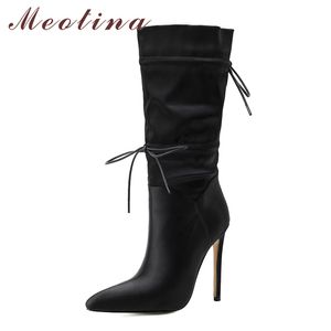 Wysokie buty Mid Calf Super Women Boots Obcowanie Kobiet Kobietowe palce cienkie obcasy koronkowe w górę Lady Footwear Winter Black 21051 22 S