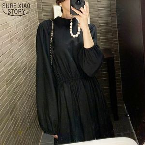 French Long Sleeve Waist Over Knee Dress Spring White Black Stand Collar Type-A Women Vestidos Femme Robe 12785 210508