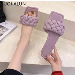 SUOJIALUN Fashion Weave Pantofole da donna Tacco piatto Casual Summer Outdoor Beach Slides Punta quadrata Infradito Sandalo da donna Taglia 40 K78