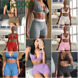 Mulheres 2 Calças de duas peças Set Designer Tracksuits Backless Deep V Bra Cintura alta Leggings Sports Sportswear Roupas