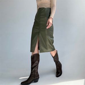 セクシーな黒人緑の秋冬女性エレガントなオフィスPUレザースカートハイストリートファッション女性鉛筆スカート210414