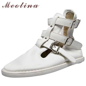 Meotina Autumn Ankle Boots Women Natural Genuine Leather Flat Short Boots Buckle Cutout Round Toe Shoes Ladies Spring Size 34-40 210608