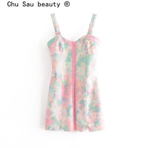 Chu Sau Beauty Fashion Casual Chic Färgglada Print Sling Mini Klänning Kvinnor Sexig Djup V-Neck Backless Sommar Ladies Klänningar 210508