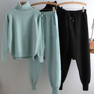 Ezsskj 2 Pieces sweater Set Women Knitted Turtleneck Sweater + loose Trousers CHIC Pullover Sweater+ Carrot pants 220315