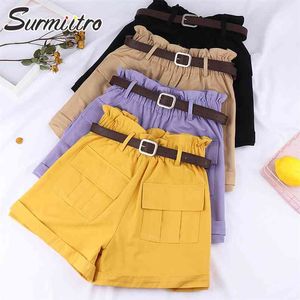 Casual Verão Carga Shorts Mulheres Estilo Coreano Calças Curtas Alta Elastic Bud Cintura Largo Fêmea Com Cinto 210421