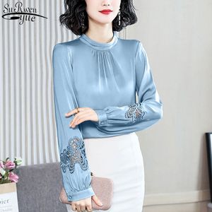 Lantern Sleeve Long Satin Shirt Spring Fashion Western Style Slim Mulberry Silk Embroidered Blouse Tops Blusas 13042 210427