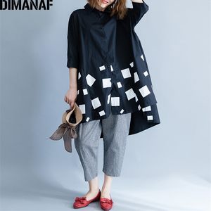 Dimanaf女性のブラウスシャツ長袖コットントップ秋の女性レディ大きい緩い服装プリントスプライスされたプリーツプラスサイズブラック210719