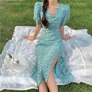 Plus Size Women's Dress Summer Sexy Split V Neck French Polka Dot Slim Long Midi Ladies Puff Sleeve Vestidos 210601