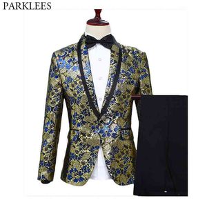 Męskie Gorgeous Floral Jacquard 2 Piece Garnitury (Kurtka + Spodnie + Bow) Marka Szal Kołnierz One Buttclub Nightclub Wedding Tuxedos Suit Men 210522