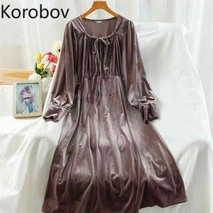 Korobov Autumn New Chic Velvet Dress Korean O Neck Long Sleeve High Waist Party Night Dresses Vintage Elegant Vestidos 210430