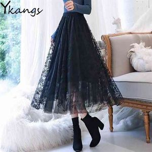 Harajuku Dark Mesh Chic A-Line Women Skirts Punk Style Ulzzang Lace Fashion Streetwear Faldas Mujer High Waist Skirt Female 210421