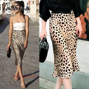 Vintage Damska Leopard jedwabna satynowa spódnica seksowna szczupła dzika długa wysoka talia Midi dla kobiet A-Line Elegancki S lato 210514