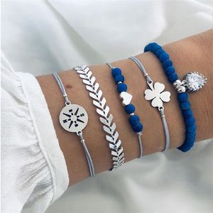 5pcs / set mode Bohemian Braelet Bangle Silver Color Compass Leaf Heart Charm Armband för Kvinnor Party Beads Smycken