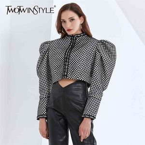 TWOTYLE Ruched Plaid Jackets For Women O Neck Puff Long Sleeve Ruched Short Female Coats Autumn Fashion Clothing 210722