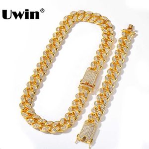 Uwin 20mm Heavy Miami Cuban Link Chain Necklace & Bracelet Set Full Iced Out Rhinestones Bling Hiphop Jewelry Men